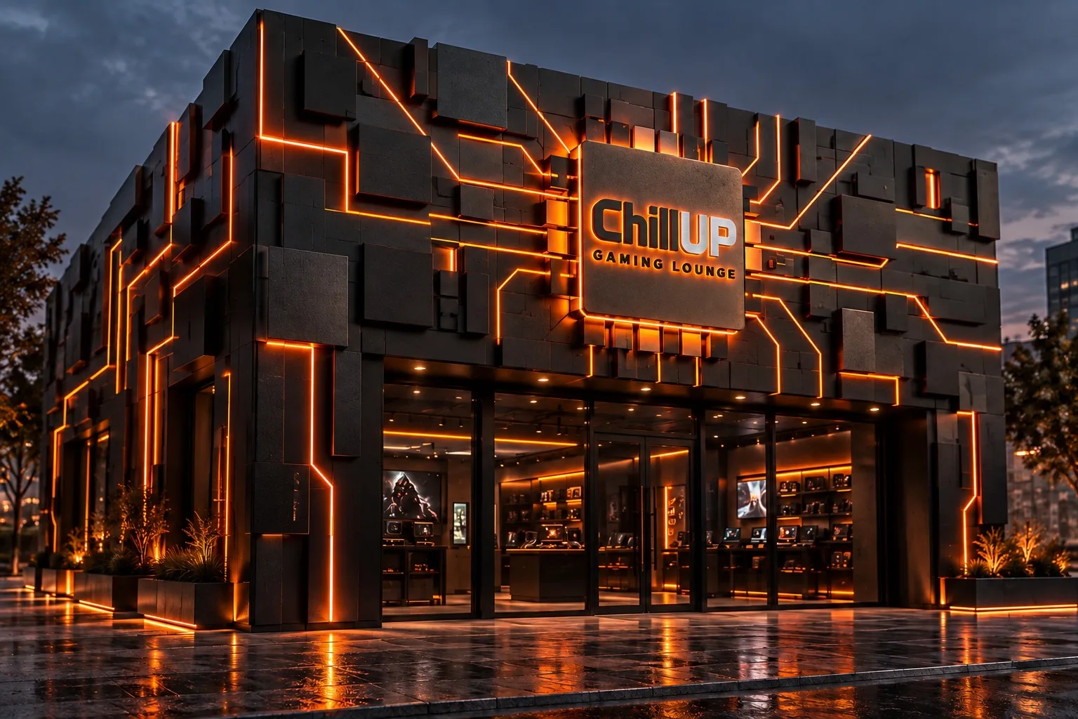 Night view of the Chill UP Gaming Lounge storefront: graphite facade with glowing orange circuit lines around the Chill UP sign