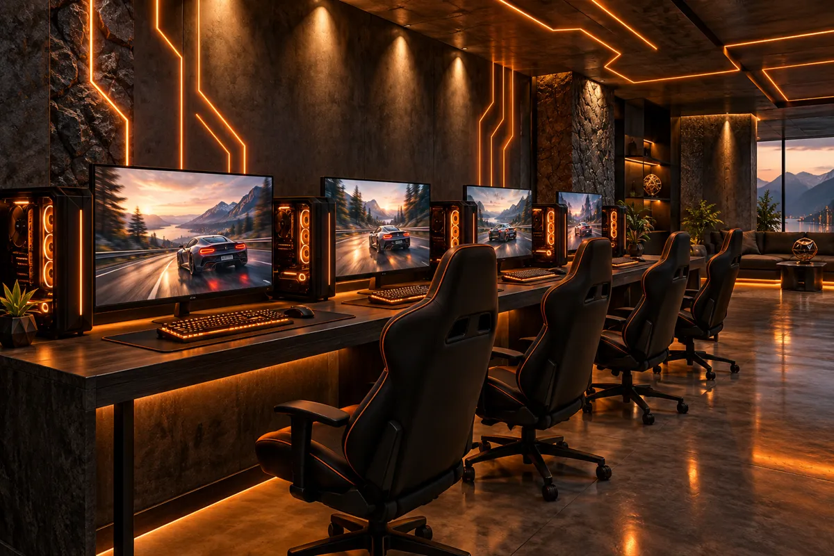 Row of gaming PCs with orange-lit cases, backlit keyboards and black gaming chairs